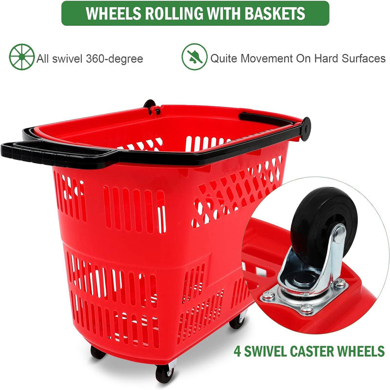 6PCS Shopping Basket Large-capacity 35L with Wheels For Supermarket Retail Shop Book Store Laundry Red