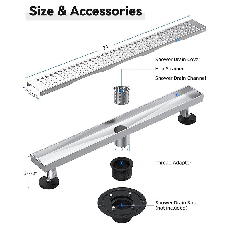 Shower Drain 24 Inch Linear Shower Drain 304 Stainless Steel Shower Floor Drain with Grate Rectangular Shower Drain