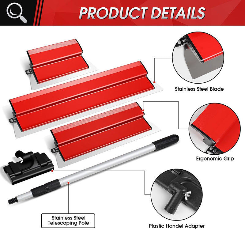 Stainless Steel 10",16" & 24" Skimming Blades with 28"-62" Extension Handle Pole Drywall Skimming Blade Set Professional Drywall Skimming Tools for Smoothing Wall and Ceiling