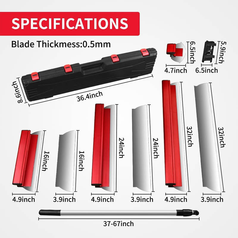 Skimming Blade Set Includes 16" 24" and 32" Blades Semi-Circular Blade Extension Handle (37"-67") and Holder