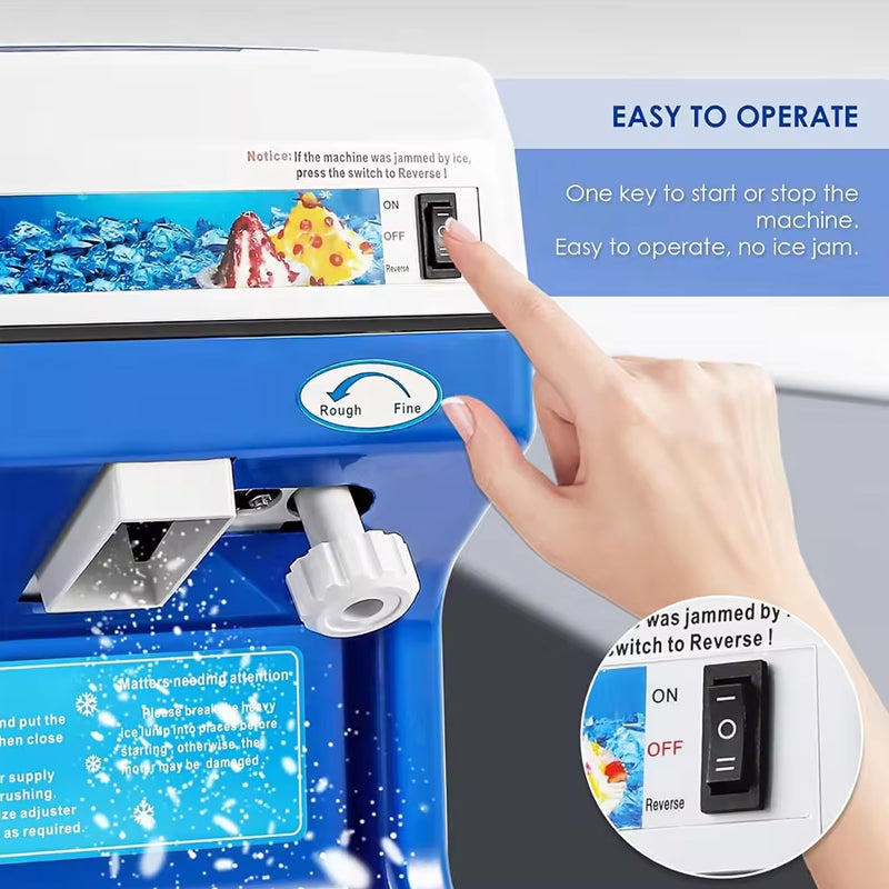 Commercial Ice Shaver Machine Electric Ice Cube Crusher Snow Cone Maker Thickness Adjustable 265lb/h For Small Ice Cubes Summer Parties Bar Use