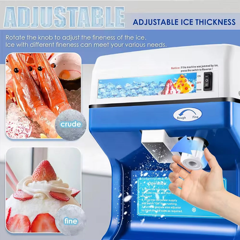 Commercial Ice Shaver Machine Electric Ice Cube Crusher Snow Cone Maker Thickness Adjustable 265lb/h For Small Ice Cubes Summer Parties Bar Use