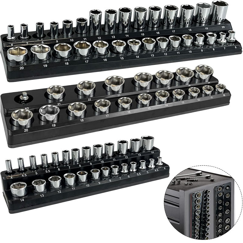 3Pcs 1/2", 1/4" and 3/8" Magnetic Socket Organizer Set Metric Socket Holder Kit Socket Trays