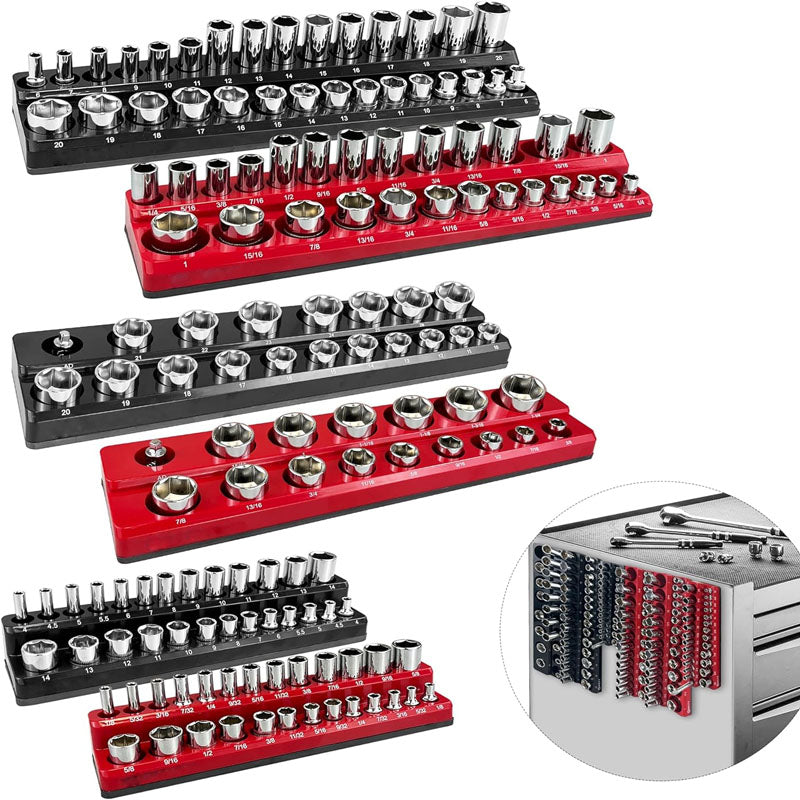 6-Piece Magnetic Socket Organizer Set 1/4" 3/8" 1/2" Drive Magnetic Sockets Trays Holds 143pcs SAE & Metric