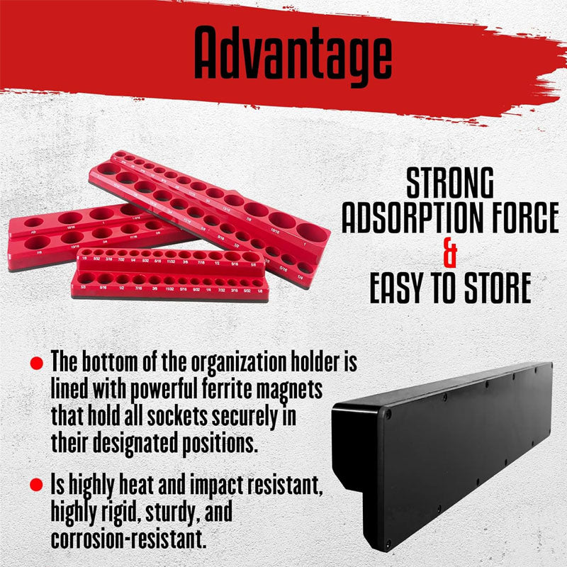 6-Piece Magnetic Socket Organizer Set 1/4" 3/8" 1/2" Drive Magnetic Sockets Trays Holds 143pcs SAE & Metric