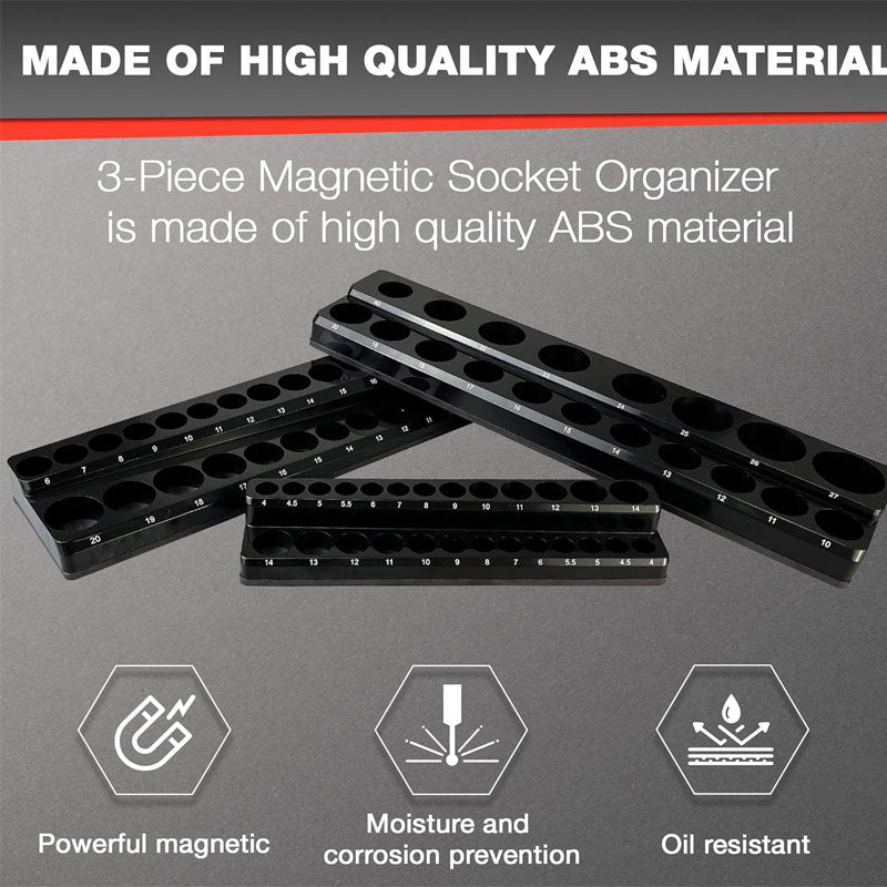 3Pcs 1/2", 1/4" and 3/8" Magnetic Socket Organizer Set Metric Socket Holder Kit Socket Trays