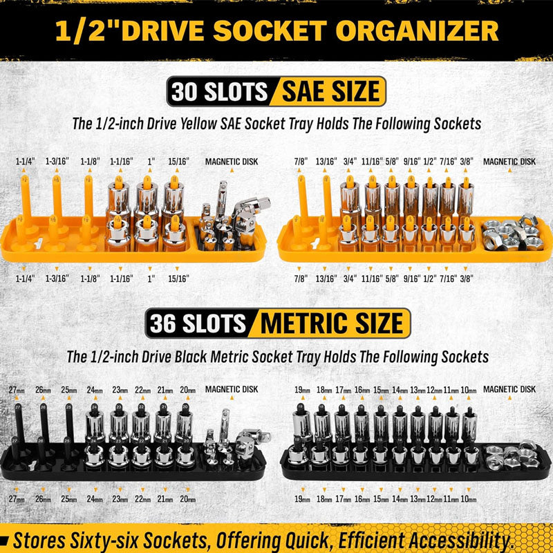 8-Piece Socket Organizer Tray Set 1/2, 3/8, 1/4-inch Drive SAE and Metric Holds 176 Standard & Deep Sockets for Toolboxes Drawers and Mechanics