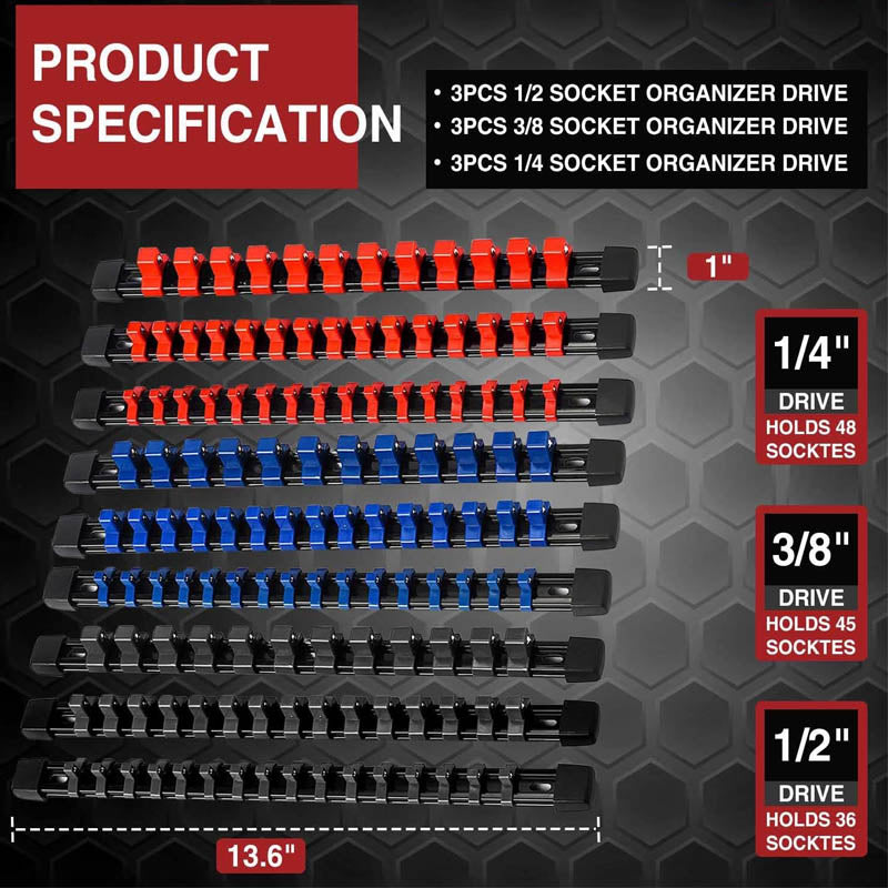 9-Piece Socket Organizers 1/2 inch, 3/8 inch and 1/4 inch Drive ABS Tools-Socket Holder Heavy Duty Socket Racks