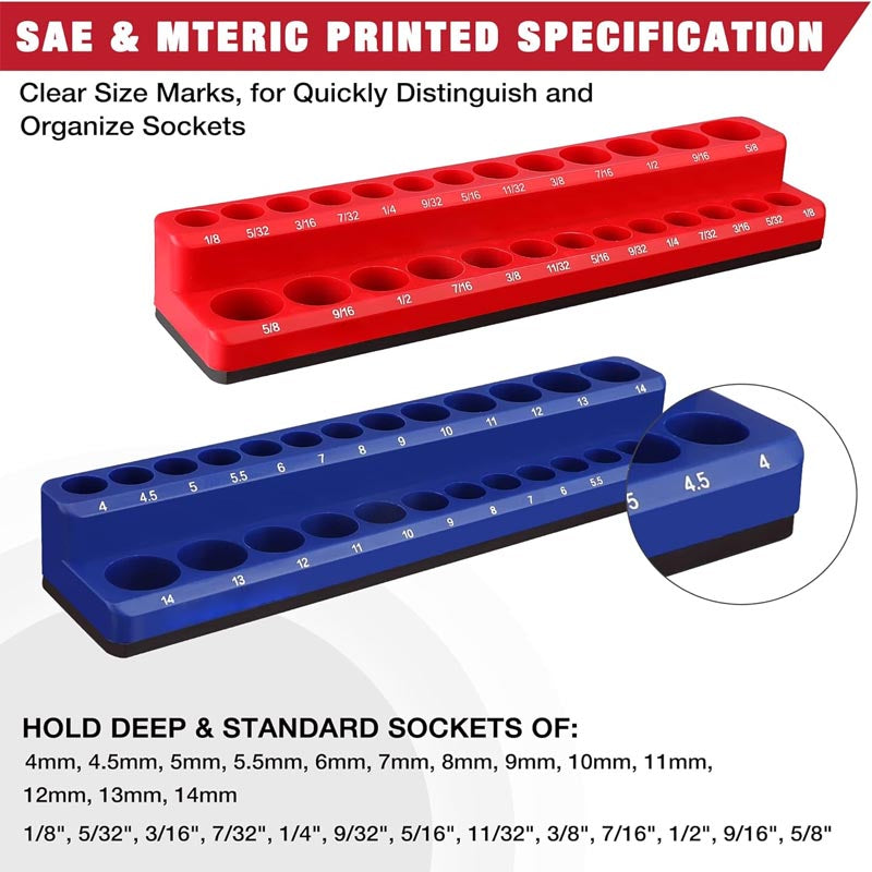 2-Piece 1/4-inch Magnetic Socket Organizers SAE & Metric Socket Holders for Tool Box, Tool Carts
