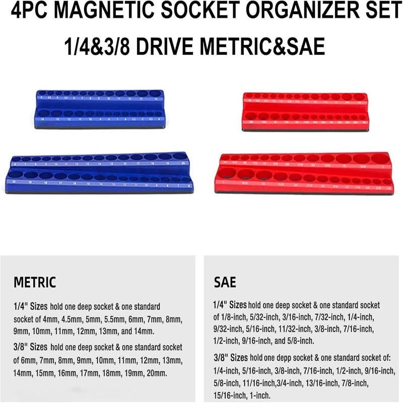 4-Pack Magnetic Socket Organizer Metric SAE Socket Holder Set 1/4", 3/8" Drive Socket Trays Holds 108 Pcs