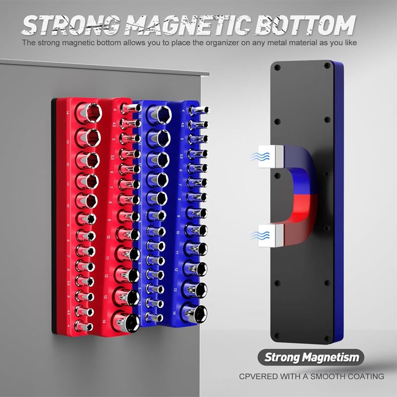 4-Pack Magnetic Socket Organizer Metric SAE Socket Holder Set 1/4", 3/8" Drive Socket Trays Holds 108 Pcs