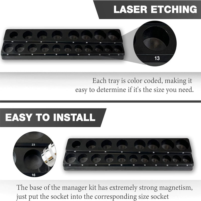 3Pcs 1/2", 1/4" and 3/8" Magnetic Socket Organizer Set Metric Socket Holder Kit Socket Trays