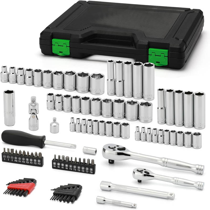 94pcs 1/4" & 3/8" Socket & Socket Wrench Sets with Ratchet Handle CR-V Metric/SAE Deep/Shallow Mirror Chrome Finish