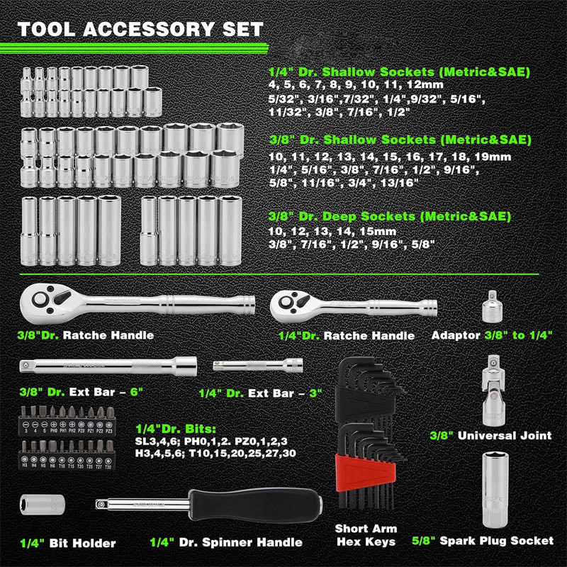 94pcs 1/4" & 3/8" Socket & Socket Wrench Sets with Ratchet Handle CR-V Metric/SAE Deep/Shallow Mirror Chrome Finish
