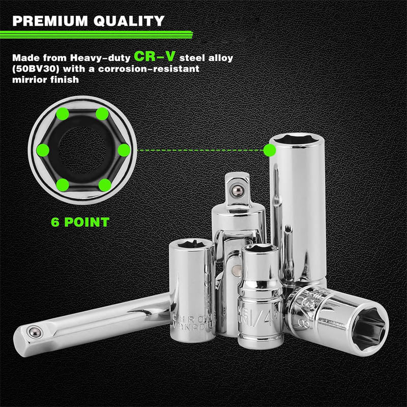 94pcs 1/4" & 3/8" Socket & Socket Wrench Sets with Ratchet Handle CR-V Metric/SAE Deep/Shallow Mirror Chrome Finish