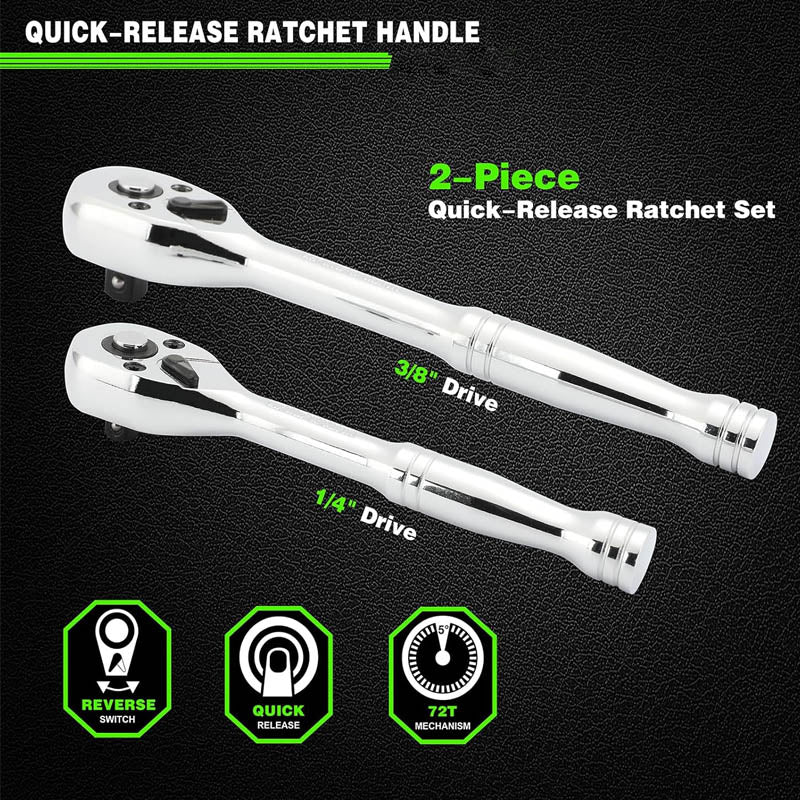 94pcs 1/4" & 3/8" Socket & Socket Wrench Sets with Ratchet Handle CR-V Metric/SAE Deep/Shallow Mirror Chrome Finish