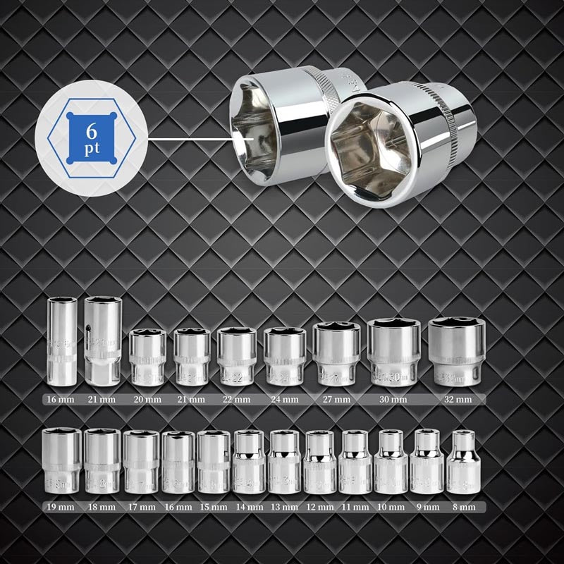 37 pcs 1/2 Inch Socket & Socket Wrench Sets with Reversible Pear Head Ratchet Extension Bar CR-V Sockets