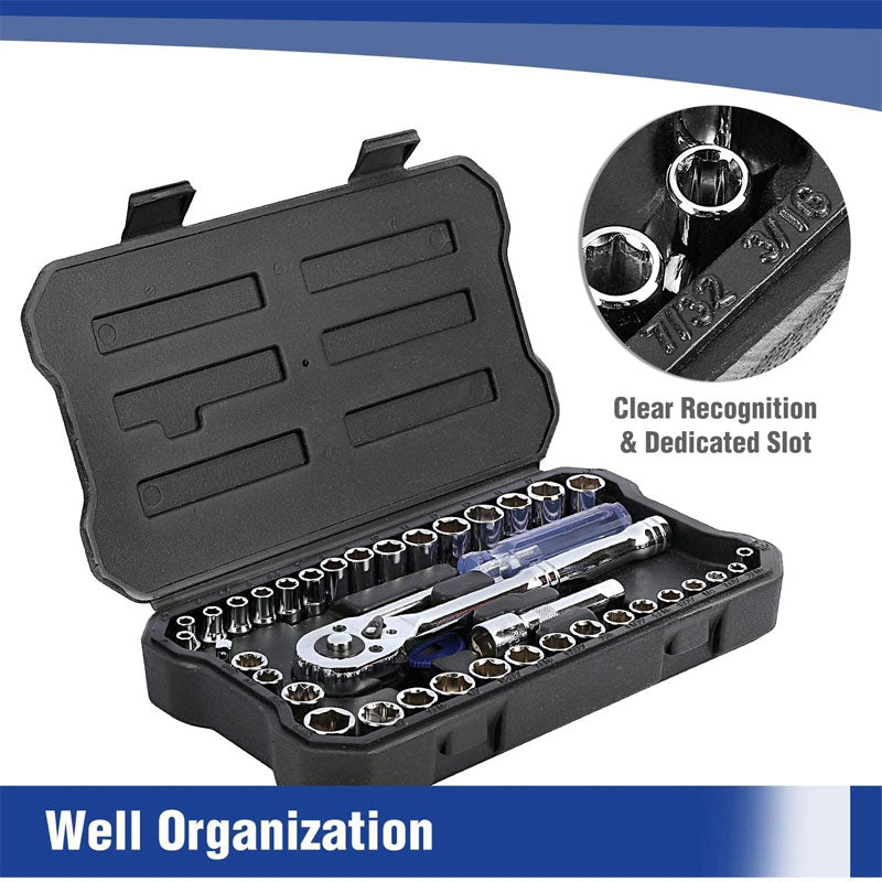 39-Piece Socket Wrenches Set 1/4''3/8'' with Quick-Release Ratchet Wrench CR-V Metric and Imperial Sockets