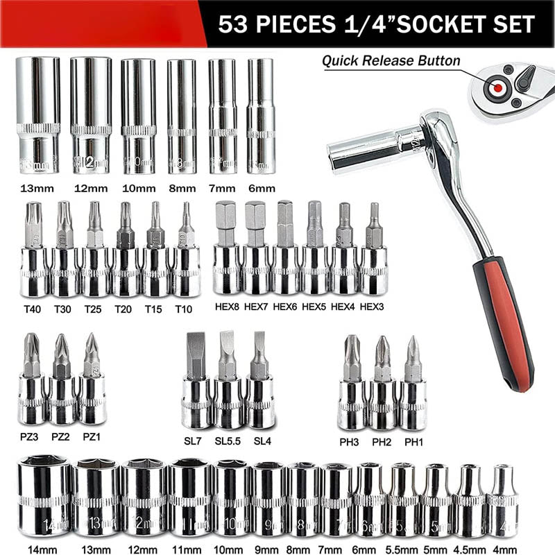 53PCS 1/4 Inch Socket Wrenches set Ratcheting Wrench Set And Extension Bar Gimbal Slide Bar Extension Sockets