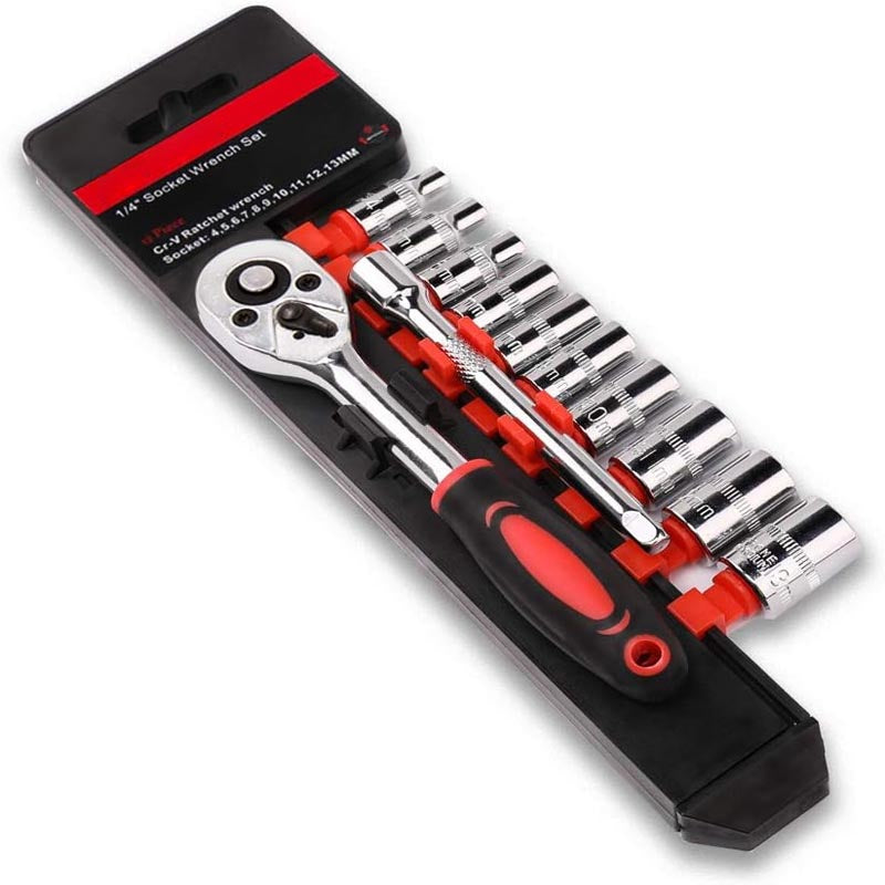 12pcs 1/4 Inch Socket Wrench with 10 Sockets 4-13mm and 2 Way Quick Released Ratchet Handle and Extension Bar