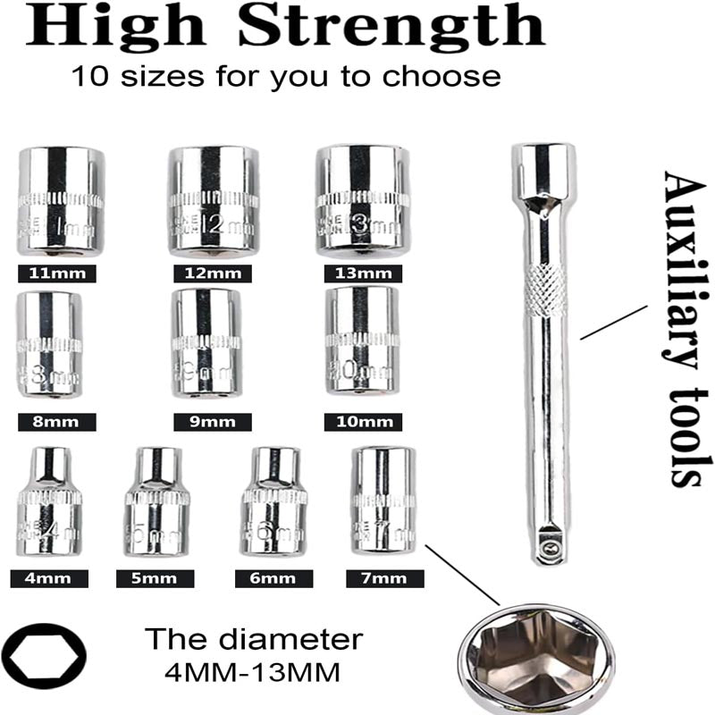12pcs 1/4 Inch Socket Wrench with 10 Sockets 4-13mm and 2 Way Quick Released Ratchet Handle and Extension Bar
