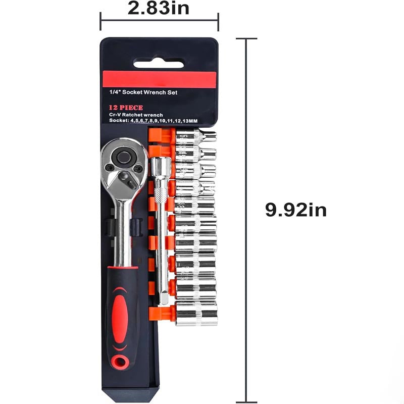 12pcs 1/4 Inch Socket Wrench with 10 Sockets 4-13mm and 2 Way Quick Released Ratchet Handle and Extension Bar