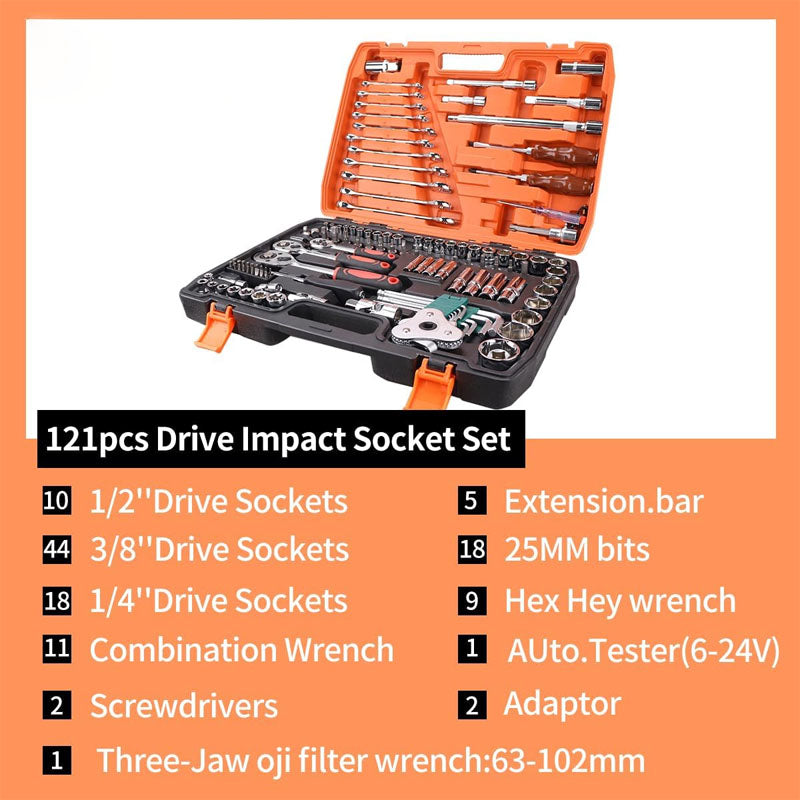 121 pcs 1/4" 3/8" 1/2" Socket & Socket Wrench Sets Mechanic Tool Set with 72 Ratchet Wrench for Home and Auto Repair