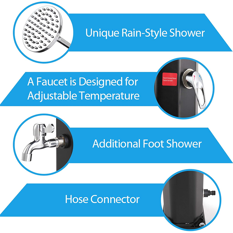 Solar Heated Shower with Shower Head and Foot Shower, 9.3 Gallon, Two Use Outdoor Poolside Beach Pool Spa Backyard Farmhouse Shower, Black