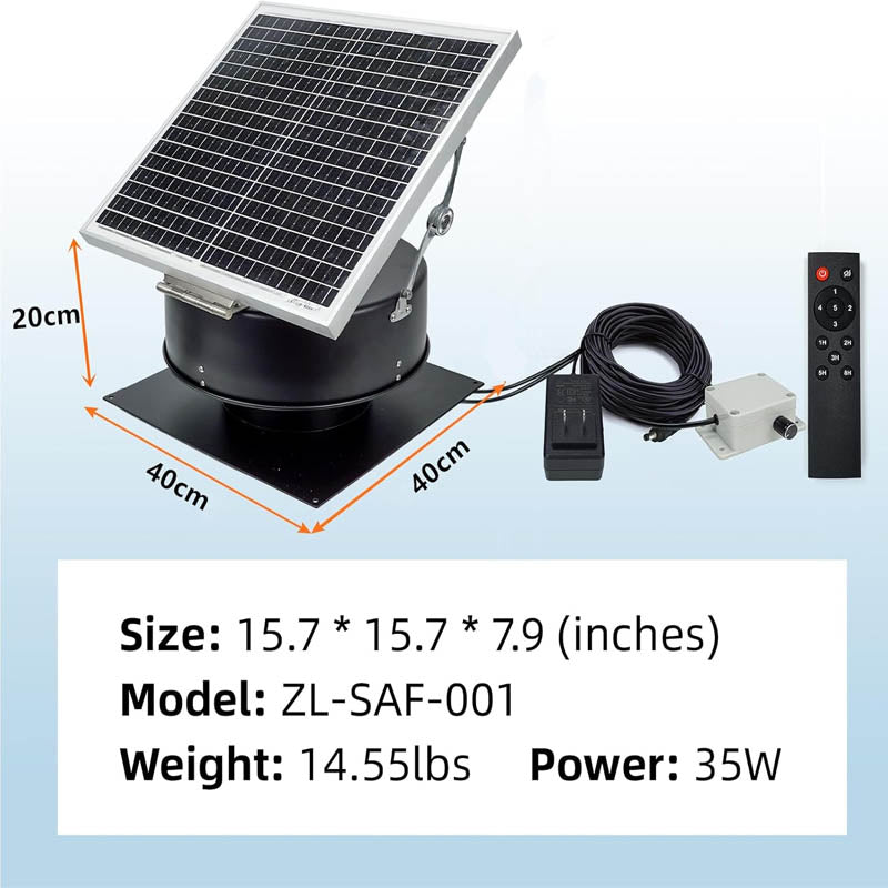 Solar Attic Fan 35W 16 inchs with Dual Power Modes with Remote Control for Ventilation and Cooling in Homes Factories and Offices