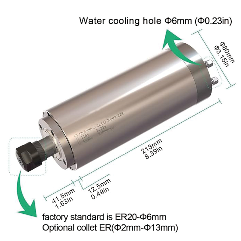 Spindle Motor Kits 110V,Water Cooled CNC Spindle Milling Motor,2.2KW 24000RPM 400hz,Water Pipe 80mm for Engraving Machine