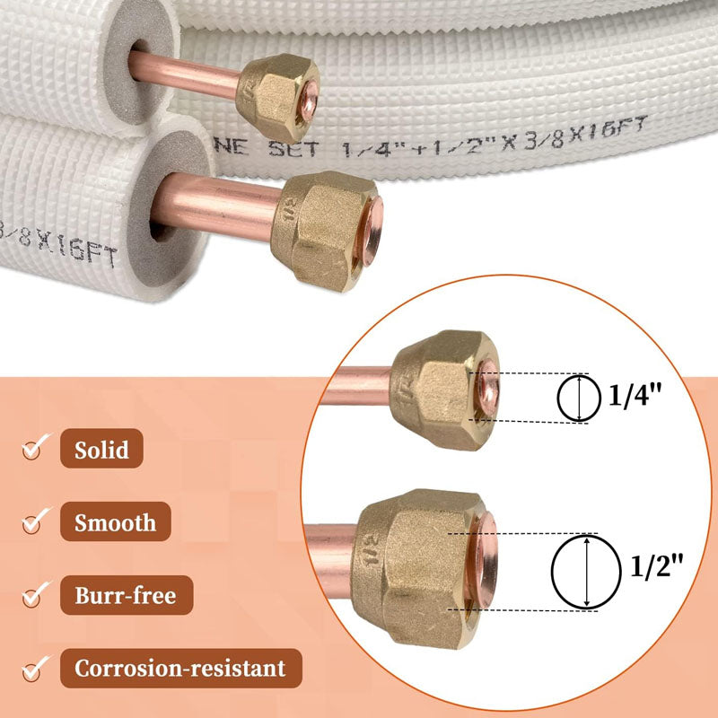 50FT Mini Split Line Set 3/8" Thickened PE Insulated Coil Copper Line with Nuts for Air Conditioner HVAC Refrigeration and Heating Equipment