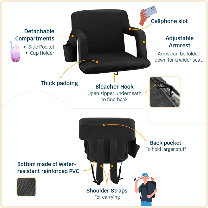 Outdoor 3 Level Heating Adjustable Arm Back Support Usb Heated Camping Chair Stadium Seats For Bleachers