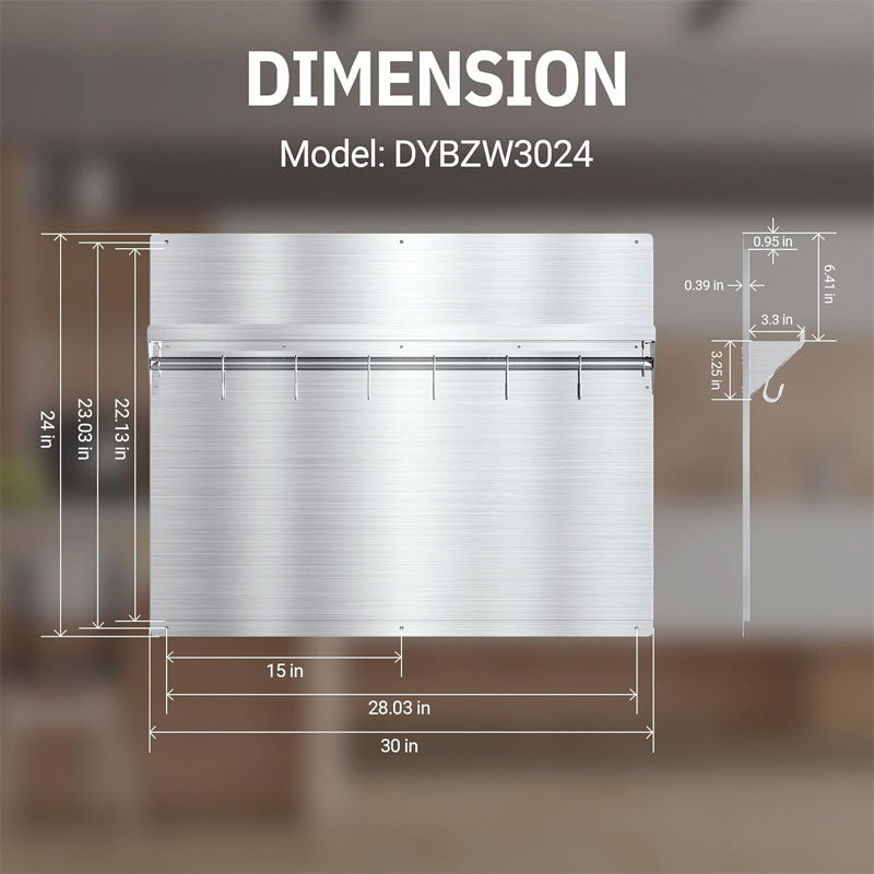 24 x 30 Inch Stainless Steel Kitchen Backsplash, Wall Backsplash, With Built-In Storage Racks And Hanging Racks