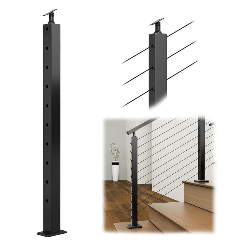 Stair Post 36" x 2" x 2" Fits 25-35 Degree Stairs Adjustable Top Cable Railing Post Top Mount Stainless Steel Black Finish Wood Concrete Deck