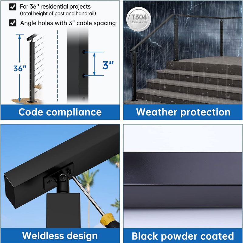 Stair Post 36" x 2" x 2" Fits 25-35 Degree Stairs Adjustable Top Cable Railing Post Top Mount Stainless Steel Black Finish Wood Concrete Deck