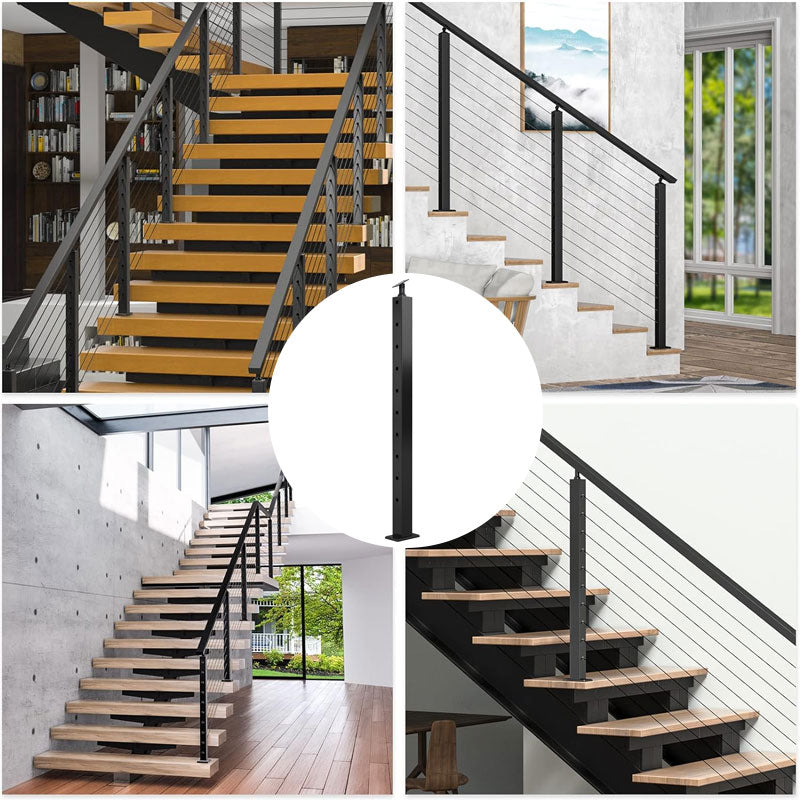 Stair Post 36" x 2" x 2" Fits 25-35 Degree Stairs Adjustable Top Cable Railing Post Top Mount Stainless Steel Black Finish Wood Concrete Deck
