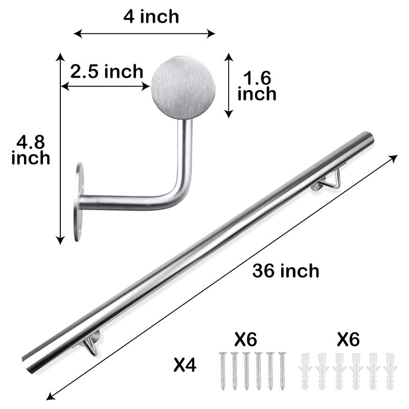 3ft Modern Stair Handrail Kit, Wall Mounted 1.6 Inch Steel Round Stair Railing For Outdoor Indoor Stairs Loft Porch Deck Handrail