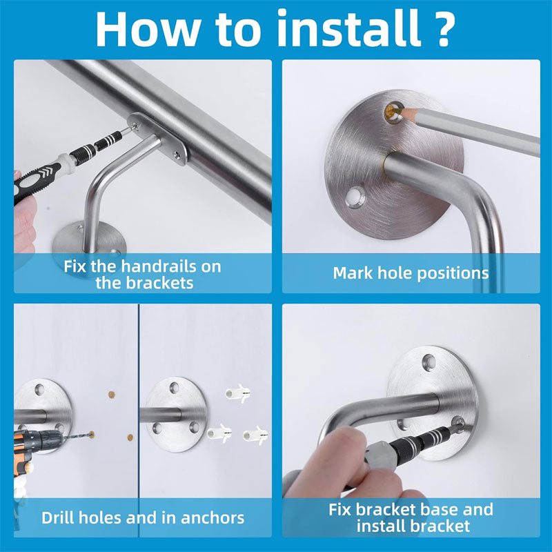 3ft Modern Stair Handrail Kit, Wall Mounted 1.6 Inch Steel Round Stair Railing For Outdoor Indoor Stairs Loft Porch Deck Handrail