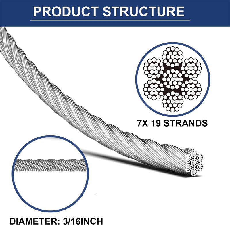 500FT 3/16 Inch 7x19 Stainless Steel Cable 304 Wire Rope Winch for Shade Sails, Deck and DIY Balustrade