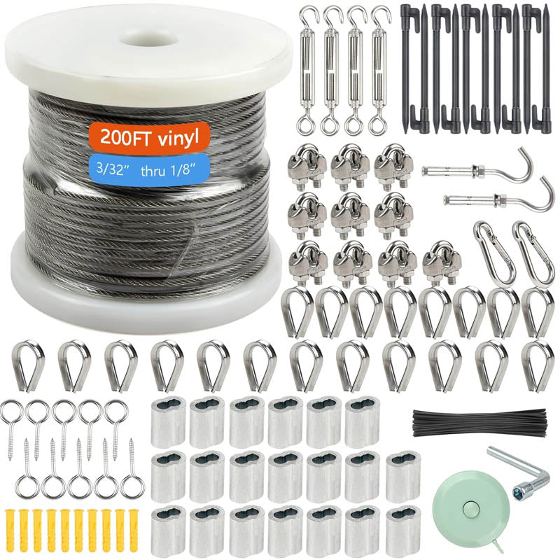 Stainless Steel Cable 1/8" Wire Rope Kit 200FT Turnbuckles for Cables Wire for Handrail Stair Decking Fence Outdoors