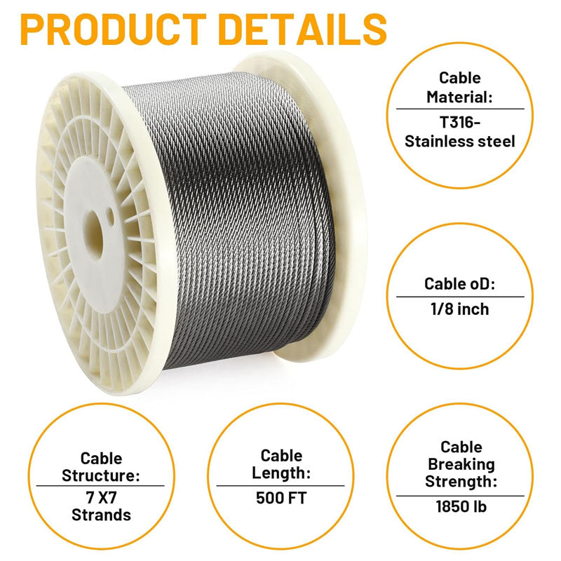 500FT 1/8" Stainless Steel Cable T316 Wire Rope Cable for Deck Cable Railing Kit 7x7 Strands Aircraft Cable for Stair Fence Deck Railing