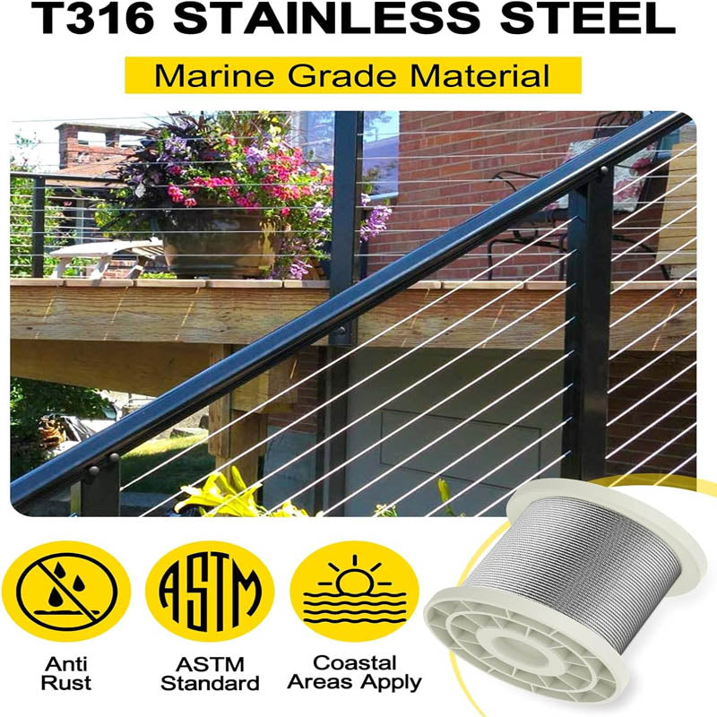 300FT 1/8 Stainless Steel Cable Wire Rope 316 Marine Grade, Braided Aircraft Cable 7x7 Strands