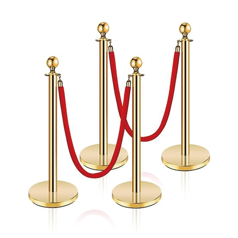 Stainlsse Steel Stanchion Post,5 FT Red Carpet Ropes, Stainless Steel Gold Stanchion with Ball Top, Red Crowd Control Barrier Used for Theaters, Party, Wedding, Exhibition, Ticket Offices 2 Pack Sets