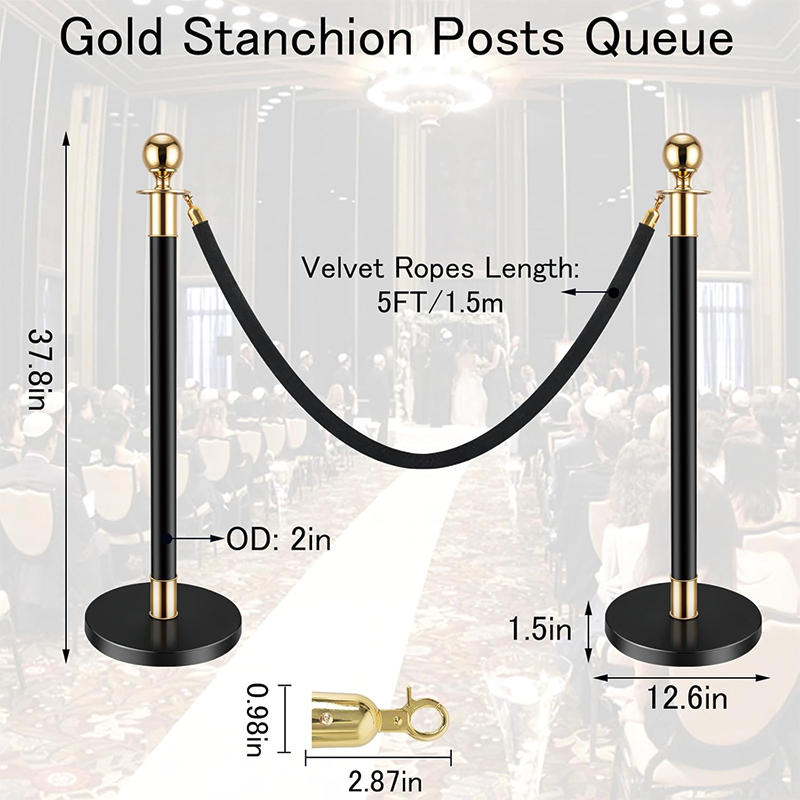6Pcs Stanchion Set, Crowd Control Stanchions with 5 ft/1.5 m Black Velvet Rope for Movie Theater