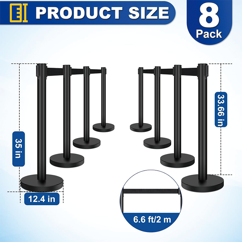 8 Pieces Stanchion Set, Crowd Control Stanchion with 6.6ft/2 m Black Retractable Belt, Easy Connect Assembly