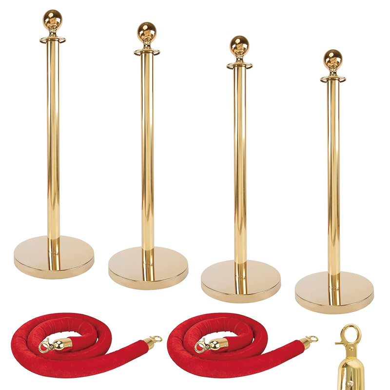 4Pcs Gold Stanchion Set, Crowd Control Stanchions with 5 ft/1.5 m Red Velvet Rope for Movie Theater