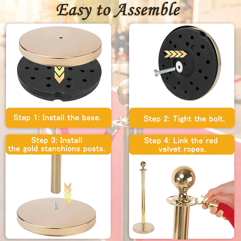 4Pcs Gold Stanchion Set, Crowd Control Stanchions with 5 ft/1.5 m Red Velvet Rope for Movie Theater