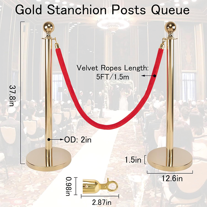 4Pcs Gold Stanchion Set, Crowd Control Stanchions with 5 ft/1.5 m Red Velvet Rope for Movie Theater