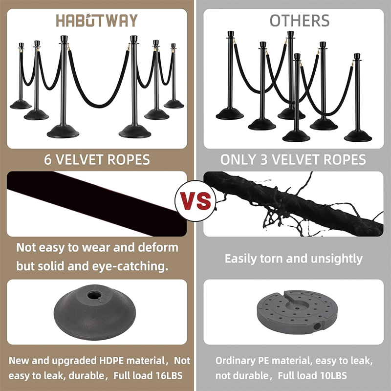 6PCS Stanchions Post, Plastic Crowd Control Stanchion, Sand/Stone Injection Hollow Base and Velvet Ropes Set for Party Supplies