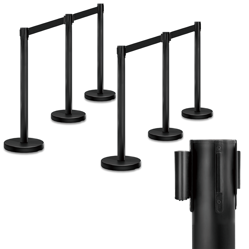 6PCS Stanchion Set, Black Crowd Control Stanchion with 6.6 ft/2 m Black Retractable Belt, for hotels, casinos, red carpet events, ticket offices etc